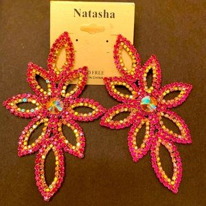 Natasha XL Bright pink Bead Gold-Tone Floral Dangle Stud Earrings